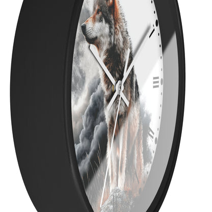 A close-up of a round wall clock with a black frame and a printed design of a wolf standing in dramatic clouds on the face. The clock has white hands, black Roman numerals, and a glossy finish, shown against a plain white background.