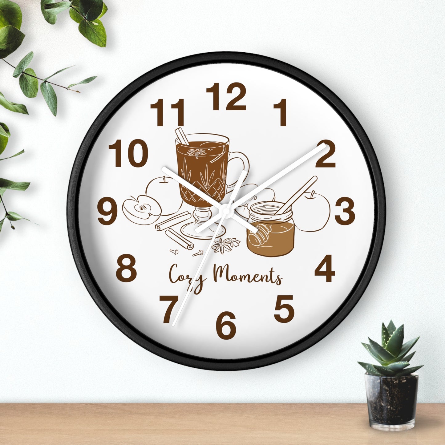 Hand Drawn Cozy Moments Wall Clock  | Autumn Spice Coffee Kitchen Decor