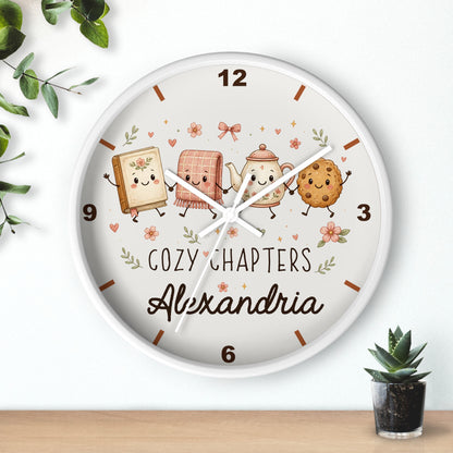 Cozy Chapters Personalized Wall Clock | Cute Book & Tea Kids Room Decor