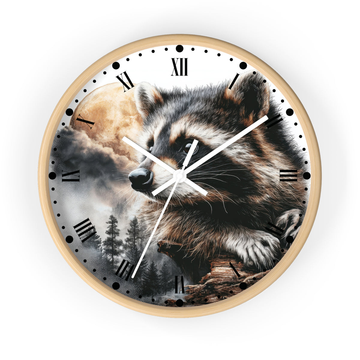 A round wall clock with a light wood frame and a printed raccoon design on the face, featuring black Roman numerals and white clock hands, shown against a plain white background.