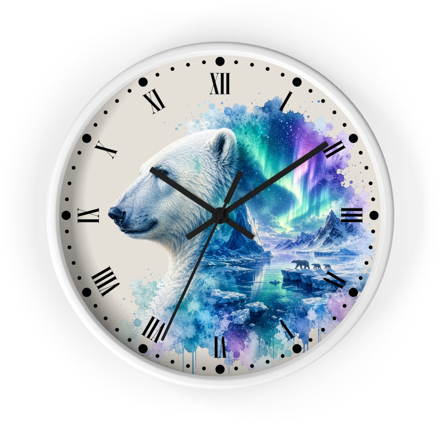 Polar Bear Aurora Wall Clock — Arctic Northern Lights Wildlife Decor