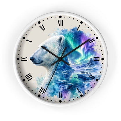 Polar Bear Aurora Wall Clock — Arctic Northern Lights Wildlife Decor