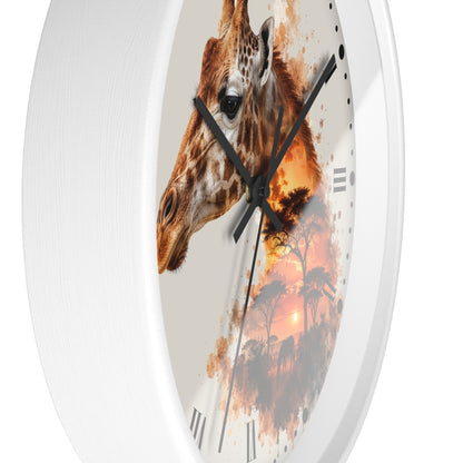 A round wall clock with a white frame and a printed giraffe and savanna sunset design on the face, shown against a plain white background.