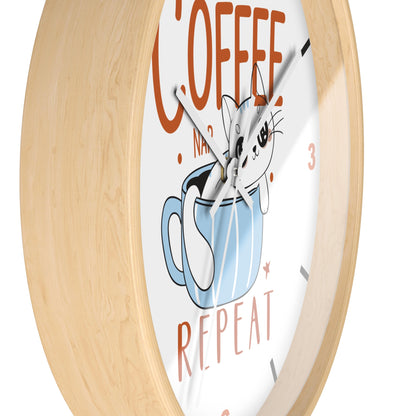 Coffee Nap Repeat Wall Clock | Cute Cat in Mug Kitchen Decor