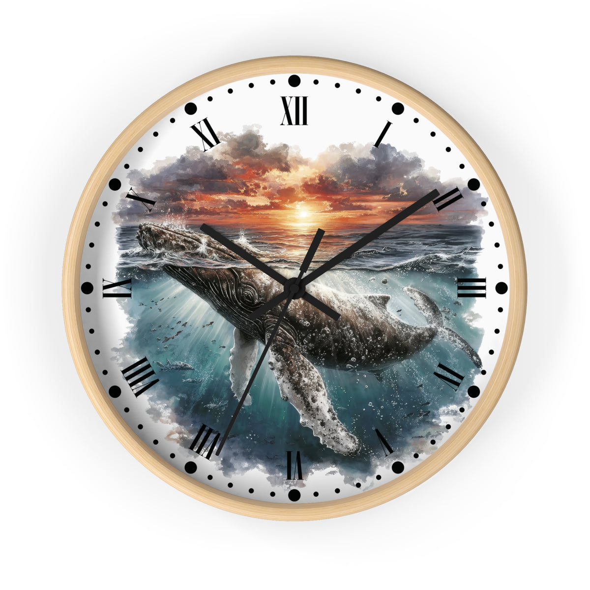 Round wall clock with a light wood frame and a printed ocean scene featuring a whale beneath a sunset sky, with black Roman numerals and hands on a white background.