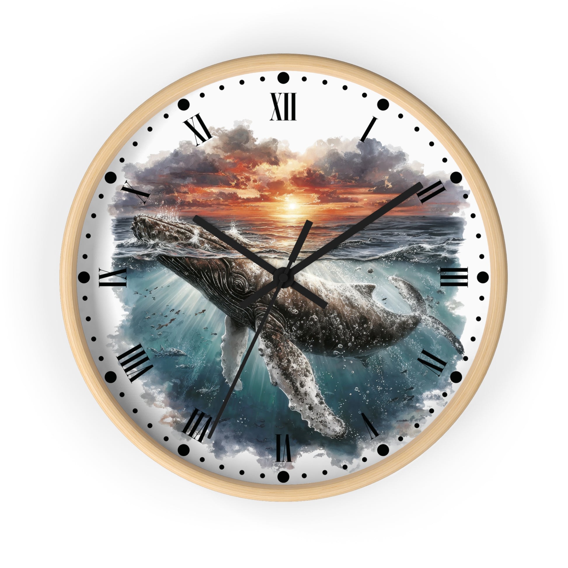 Round wall clock with a light wood frame and a printed ocean scene featuring a whale beneath a sunset sky, with black Roman numerals and hands on a white background.