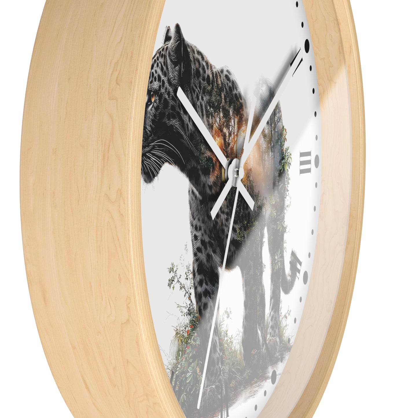 Round wall clock with a light natural wood frame and a white face featuring a photographic print of a black leopard with a blurred human figure behind it.