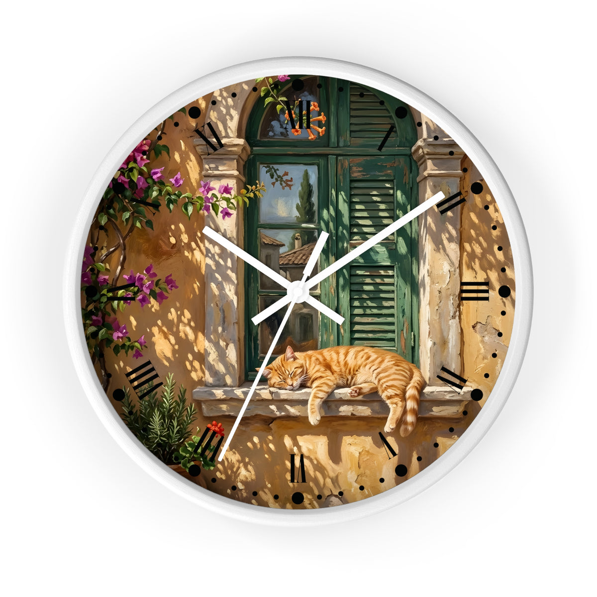 Round wall clock with a white frame and a printed scenic design featuring a green shuttered window, warm beige walls, Roman numerals, and an orange tabby cat resting on a windowsill. White clock hands and black dot hour markers complete the design.