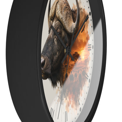 A round wall clock with a black frame and a white dial featuring a double-exposure artistic print of a buffalo head and an orange sunset landscape.