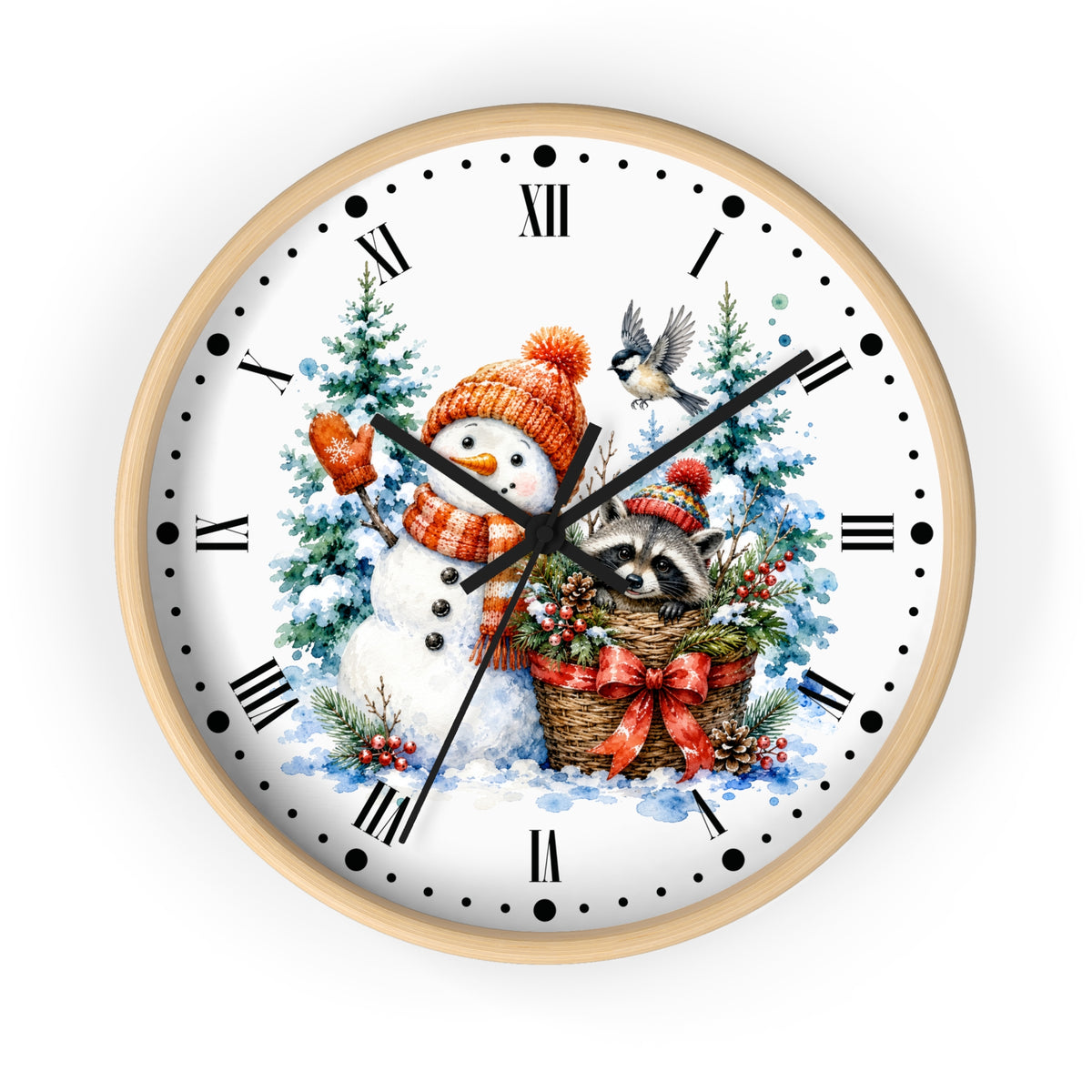A round wall clock with a light wood frame and a white face featuring a festive winter illustration of a snowman in an orange hat, a raccoon in a basket, evergreen trees, and a bird, with black Roman numerals and hands on a white background.