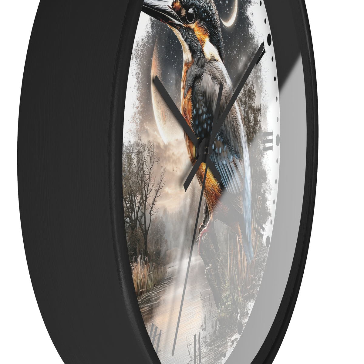 A close-up of a round wall clock with a black frame and a printed bird artwork on the face. The design shows a large bird in blue, orange, and gray tones over a misty landscape with trees and a moon, against a white background.