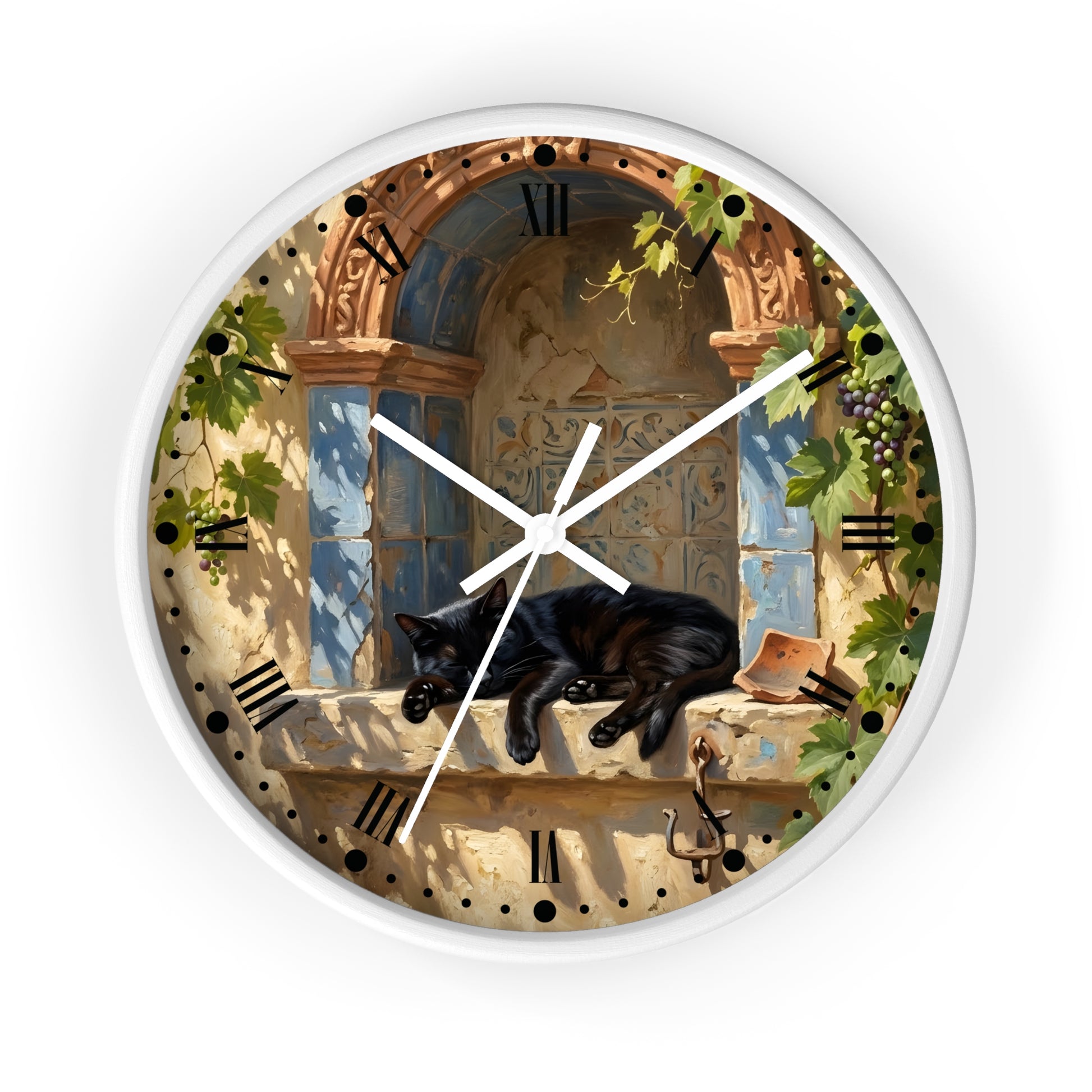 A round wall clock with a white frame and a printed illustration of a black cat resting on a stone windowsill beneath an arched window, with Roman numerals and white clock hands.