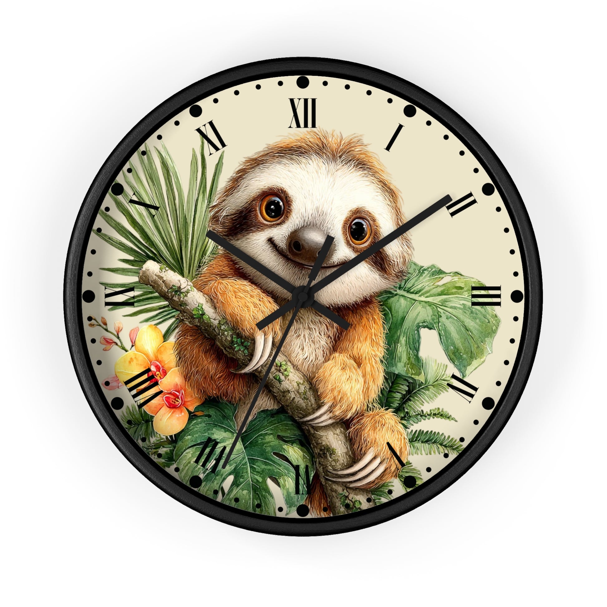 A round wall clock with a black frame and Roman numeral hour markers, featuring a detailed illustration of a smiling sloth holding a branch among tropical green leaves and yellow flowers on a cream background.