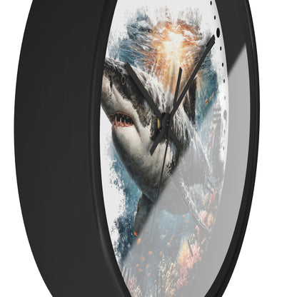 A round wall clock with a black frame and a printed shark illustration on the face, shown against a plain white background.