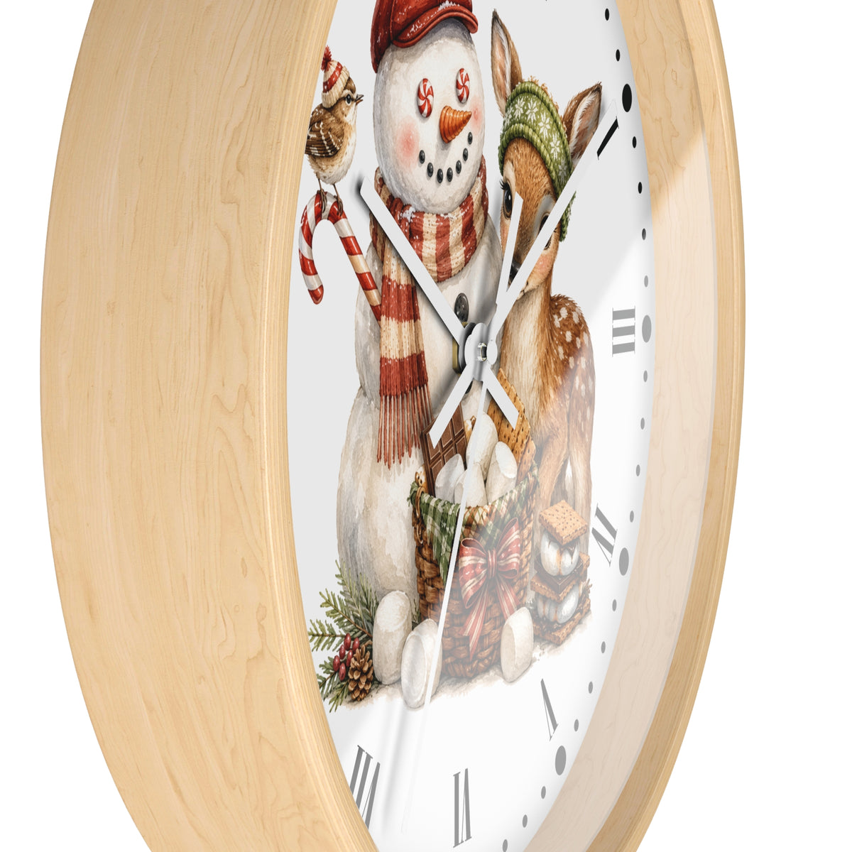 A round wall clock with a light natural wood frame and a white face featuring a festive illustration of a snowman and a deer wearing winter hats and scarves.