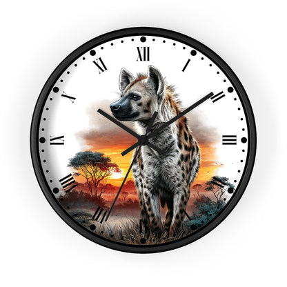 Round wall clock with a black frame and a printed safari scene featuring a spotted hyena at sunset, with black Roman numerals on a white face, shown on a plain white background.