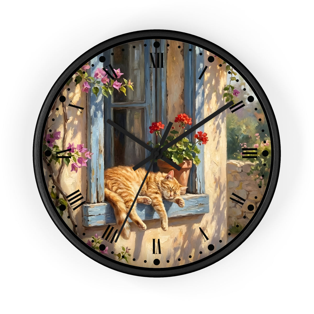 A round wall clock with a black frame and a printed illustration of an orange tabby cat resting on a blue window sill, surrounded by flowers and outdoor scenery. The clock face features black Roman numerals and black hands.