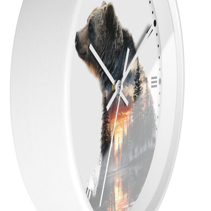 Bear Silhouette Wall Clock — Mountain Sunset Forest Double Exposure Decor