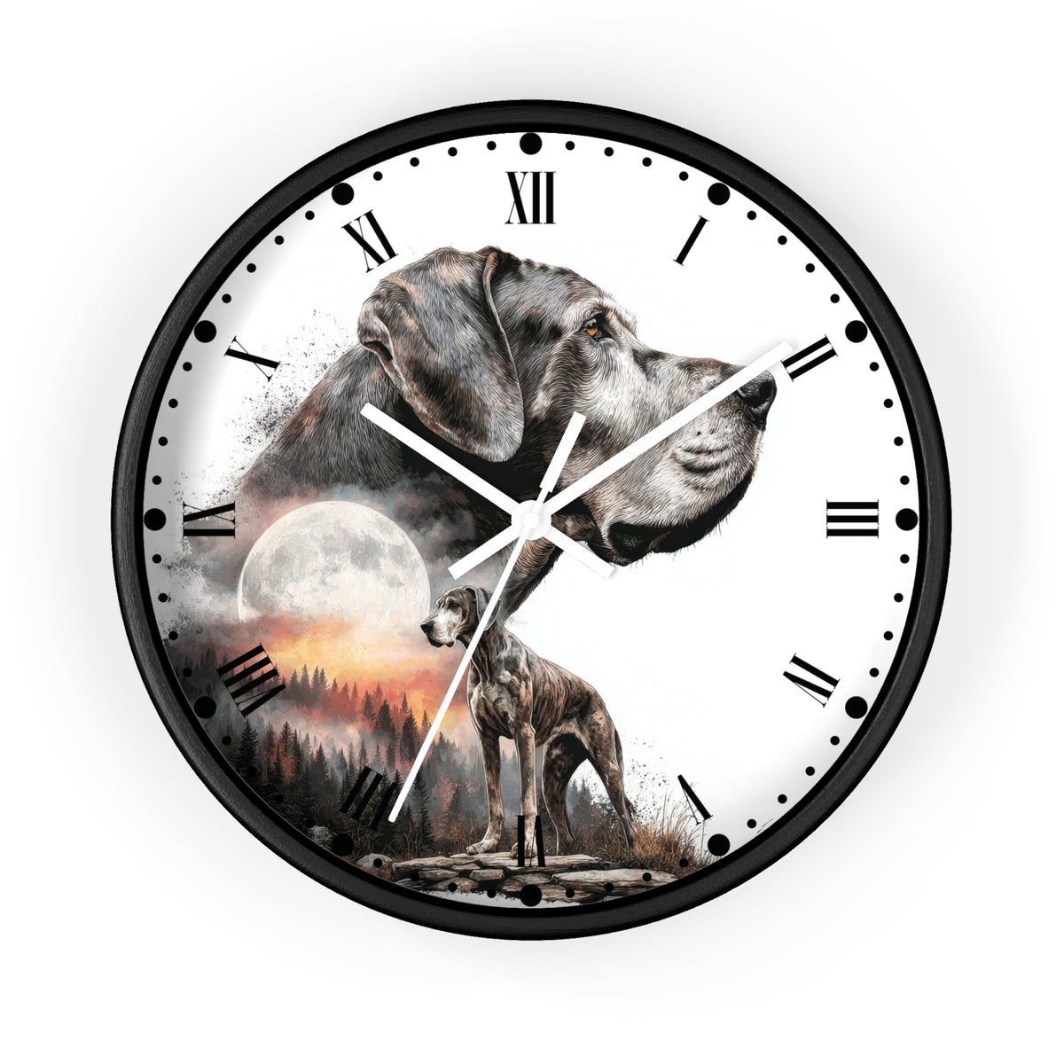 A round wall clock with a black frame and a white face featuring a large painted dog portrait, a smaller dog standing in a forest, a full moon, and Roman numerals.