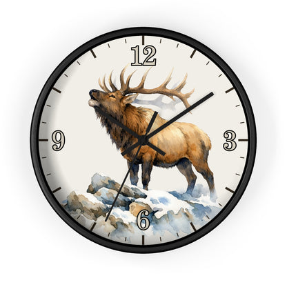 Elk Winter Wall Clock — Rustic Watercolor Mountain Lodge Decor