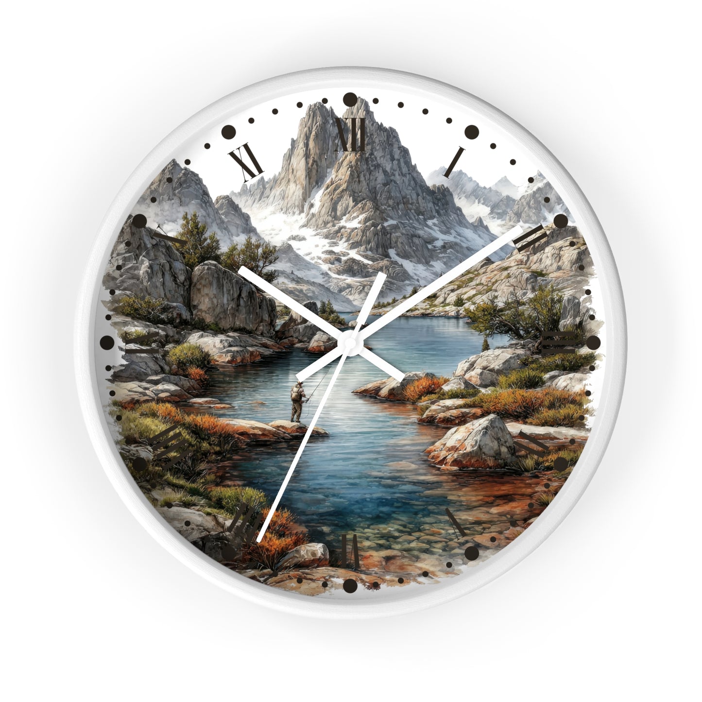 A round wall clock with a white frame and a scenic mountain landscape printed on the face, featuring a river, rocks, trees, and a small figure near the water. The clock is shown against a plain white background.