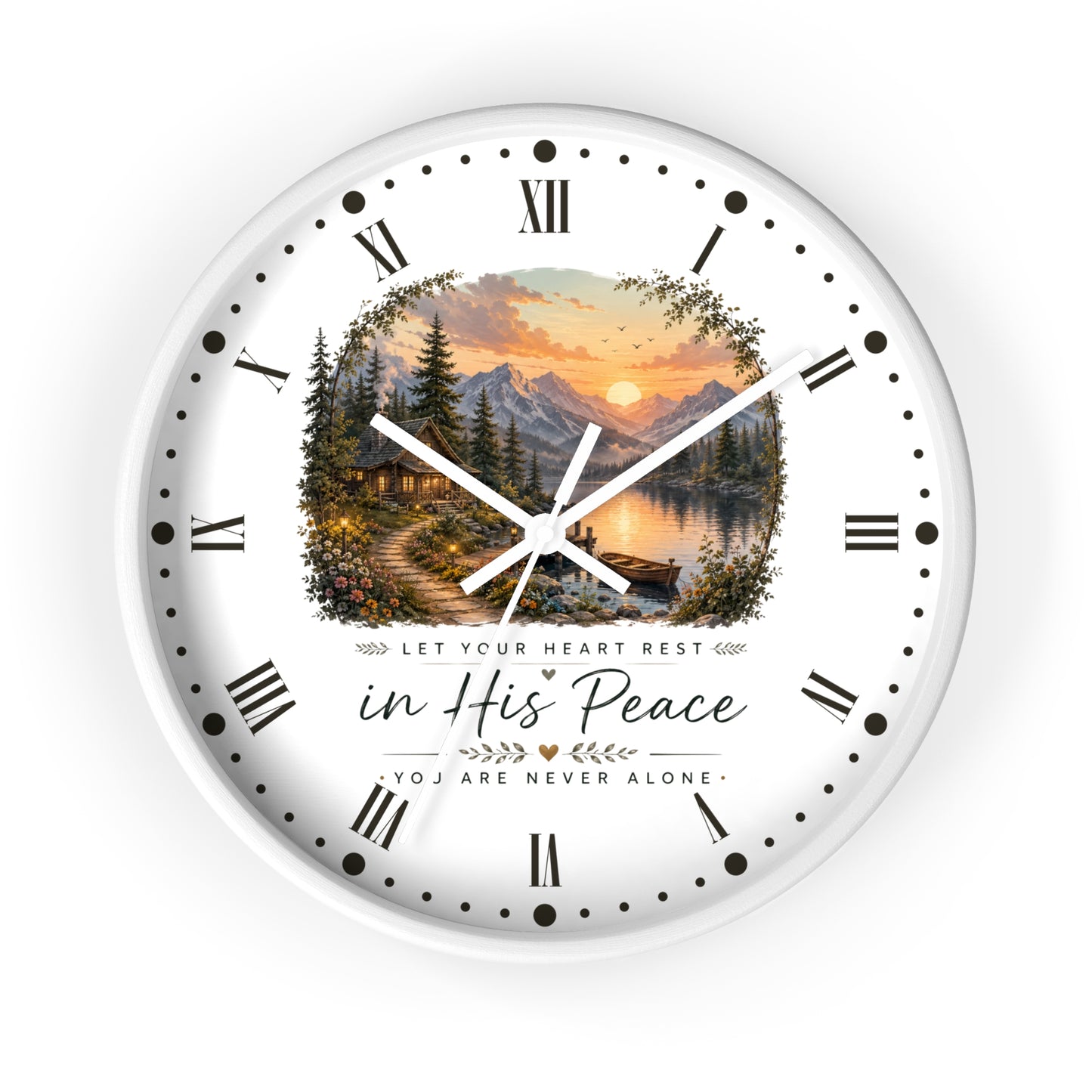 Scenic Cabin Christian Wall Clock - 'In His Peace Let Your Heart Rest'