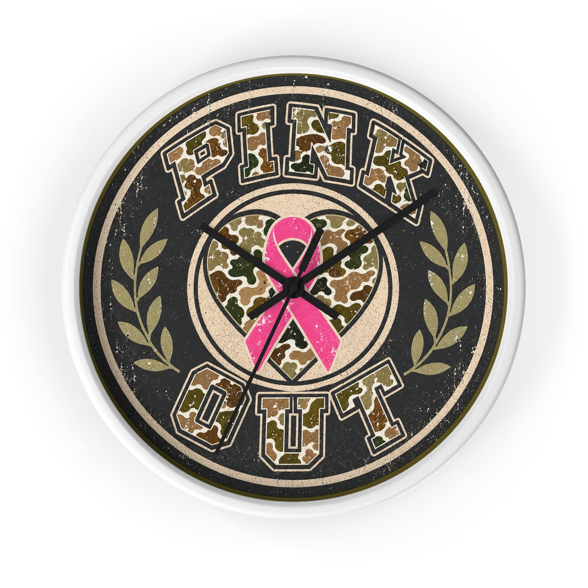 A round wall clock with a distressed design featuring the words 'PINK OUT' in a camouflage pattern, a pink awareness ribbon in the center, and olive branch motifs on either side. The clock has a white outer rim and black hands, shown against a plain white background.