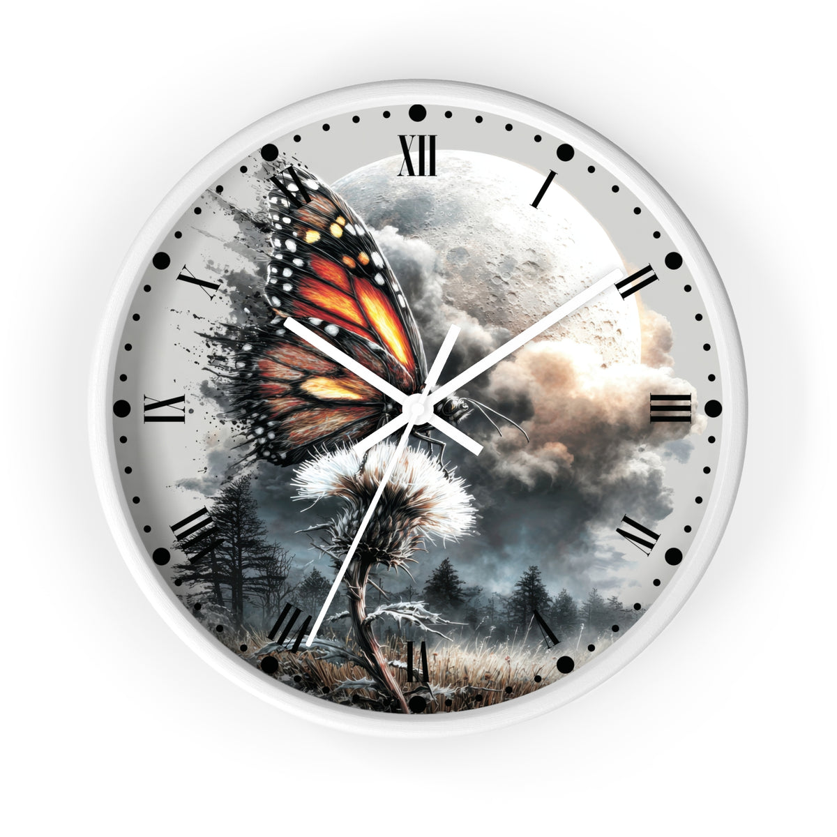 A round wall clock with a white frame and a printed scenic dial featuring a large orange-and-black butterfly over a dandelion, a moon, clouds, and a dark forest. The clock has black Roman numerals and black hour markers with white hands.