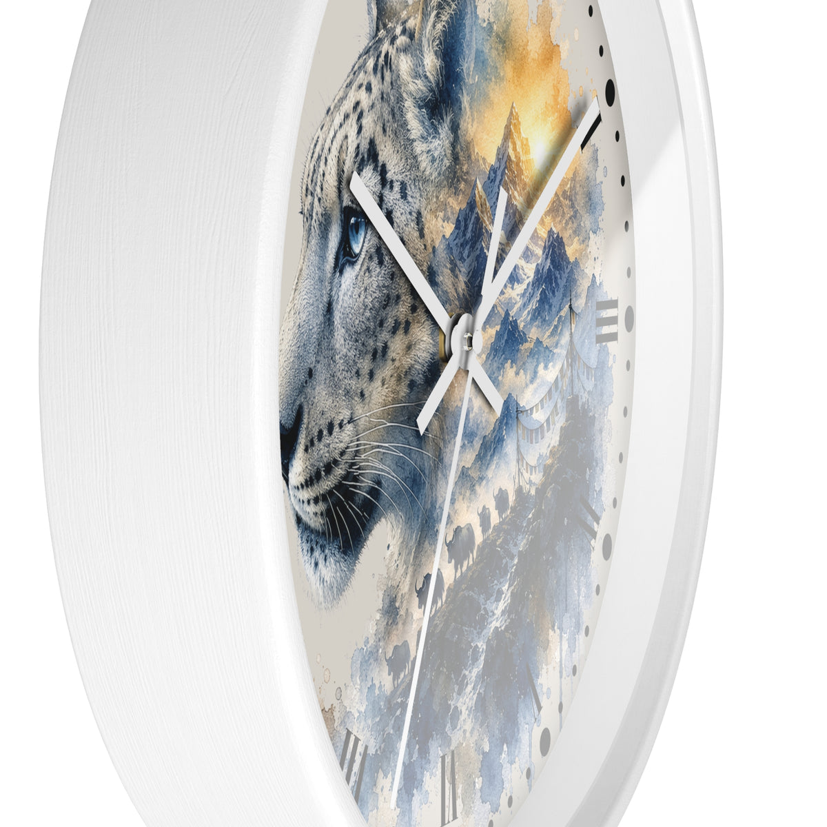 Round wall clock with a white frame and a printed design of a snow leopard over blue-gray mountains and golden sky, shown against a white background.