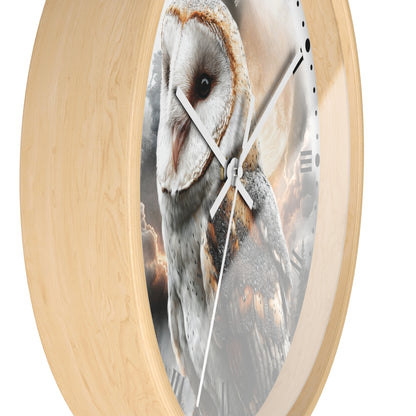 Round wall clock with a light natural wood frame and a printed owl face on the clock face, shown against a plain white background.