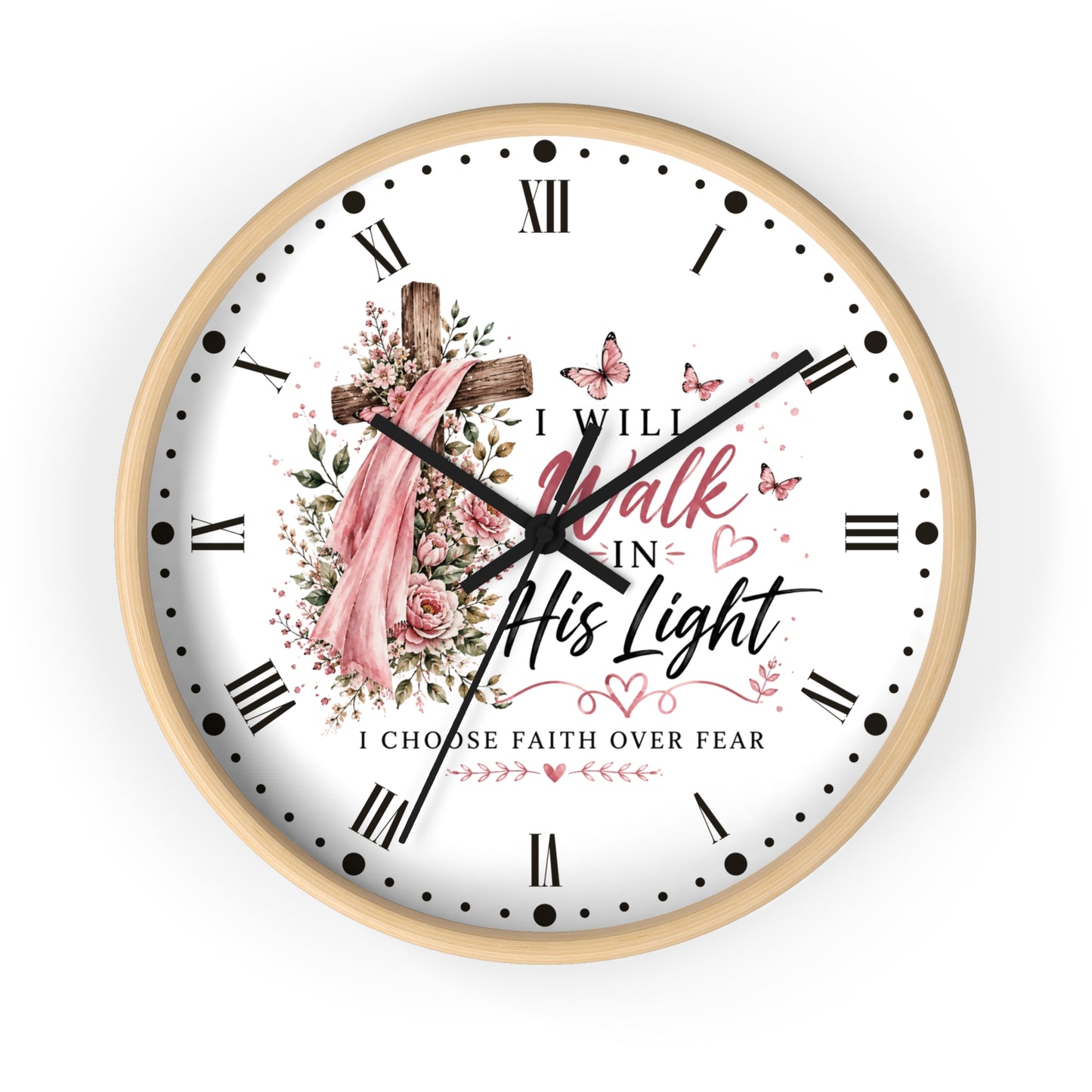 I Will Walk in His Light Wall Clock — Floral Cross Christian Cancer Awareness Gift
