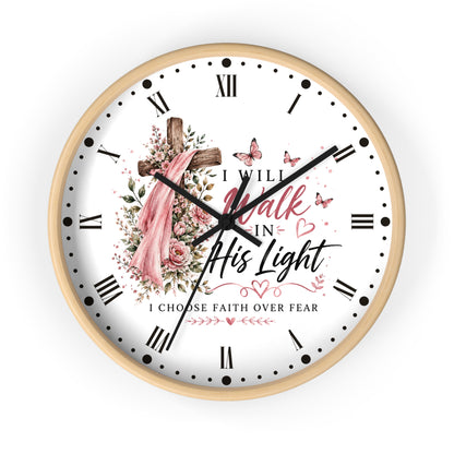 I Will Walk in His Light Wall Clock — Floral Cross Christian Cancer Awareness Gift