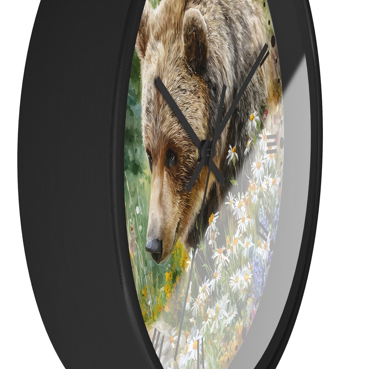 Grizzly Bear in Wildflower Meadow Wall Clock — Rustic Nature Animal Decor