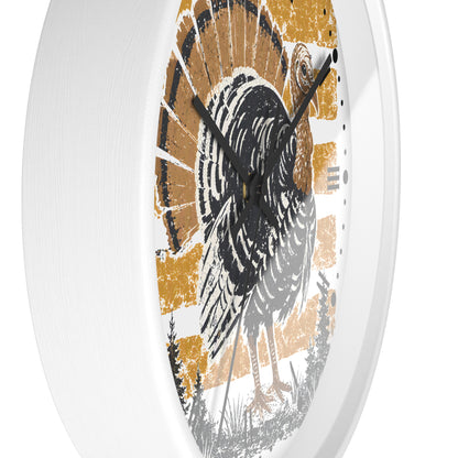 A round wall clock with a white frame and a distressed graphic of a wild turkey on a tan, black, and white background.