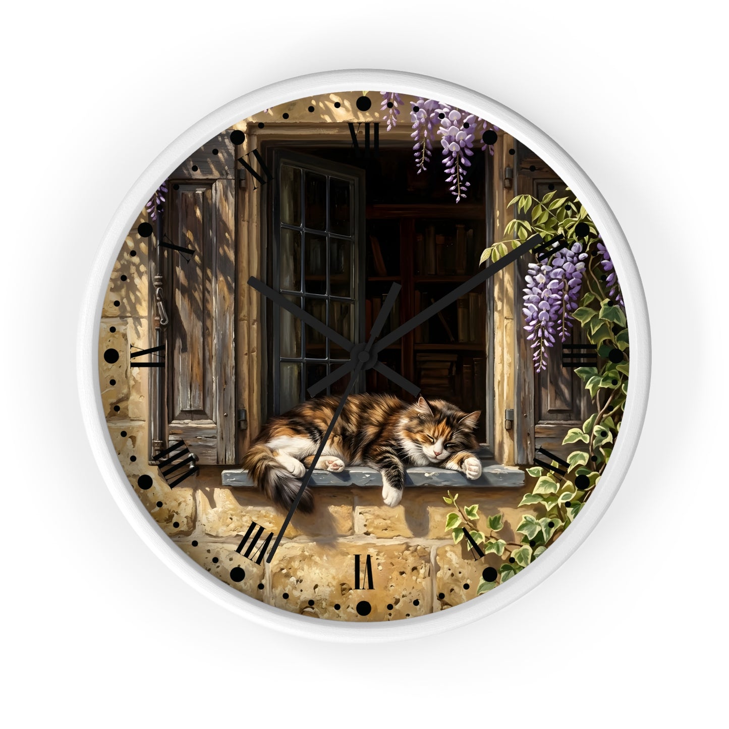 Round wall clock with a white frame and a printed illustration of a fluffy orange-and-white cat resting on a stone windowsill, surrounded by purple wisteria flowers and green ivy. The clock face includes black hands and black Roman numeral hour markers, shown against a plain white background.