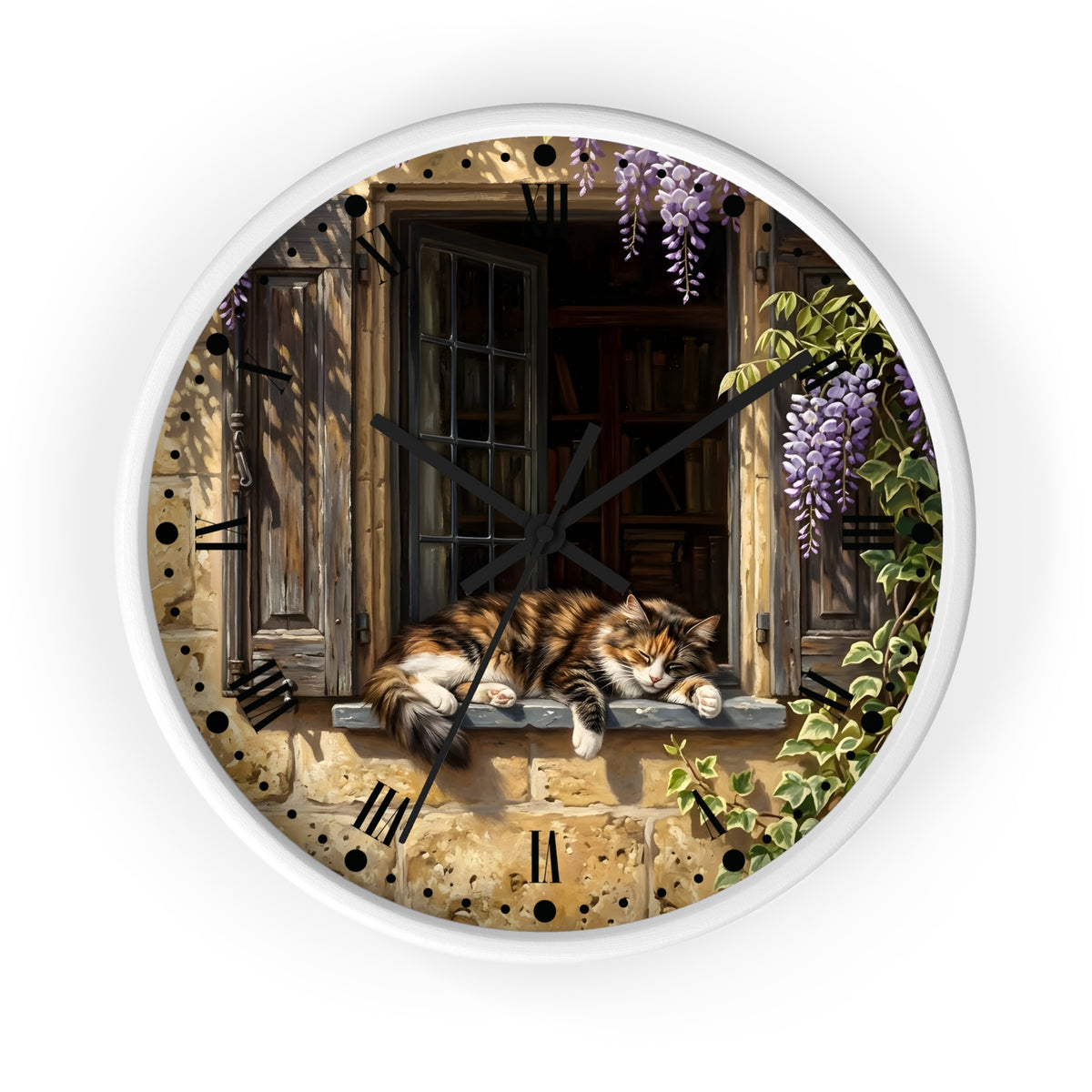 Round wall clock with a white frame and a printed illustration of a fluffy orange-and-white cat resting on a stone windowsill, surrounded by purple wisteria flowers and green ivy. The clock face includes black hands and black Roman numeral hour markers, shown against a plain white background.