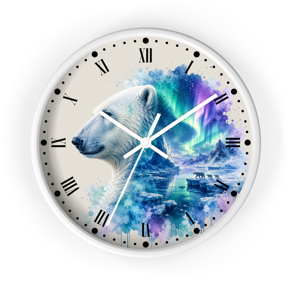 Polar Bear Aurora Wall Clock — Arctic Northern Lights Wildlife Decor