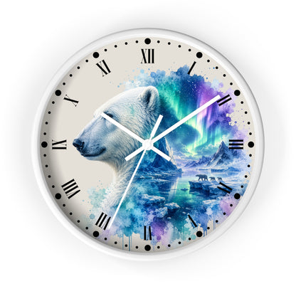 Polar Bear Aurora Wall Clock — Arctic Northern Lights Wildlife Decor