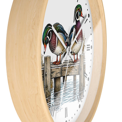 Wood Ducks on Pier Wall Clock — Rustic Bird Decor for Nature Lovers