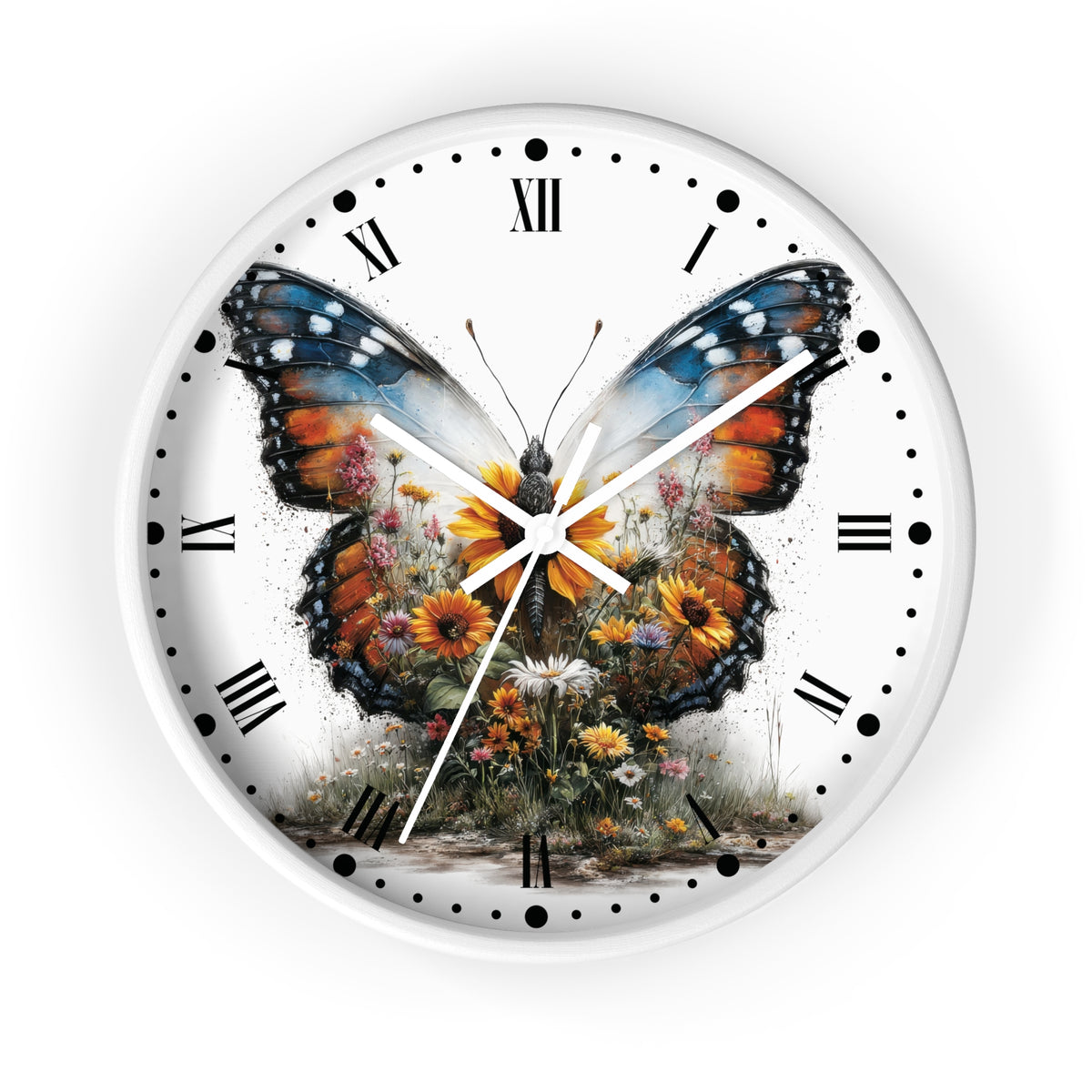 A round wall clock with a white face, black Roman numerals, and a large colorful butterfly printed over a floral illustration. The clock is shown against a plain white background.