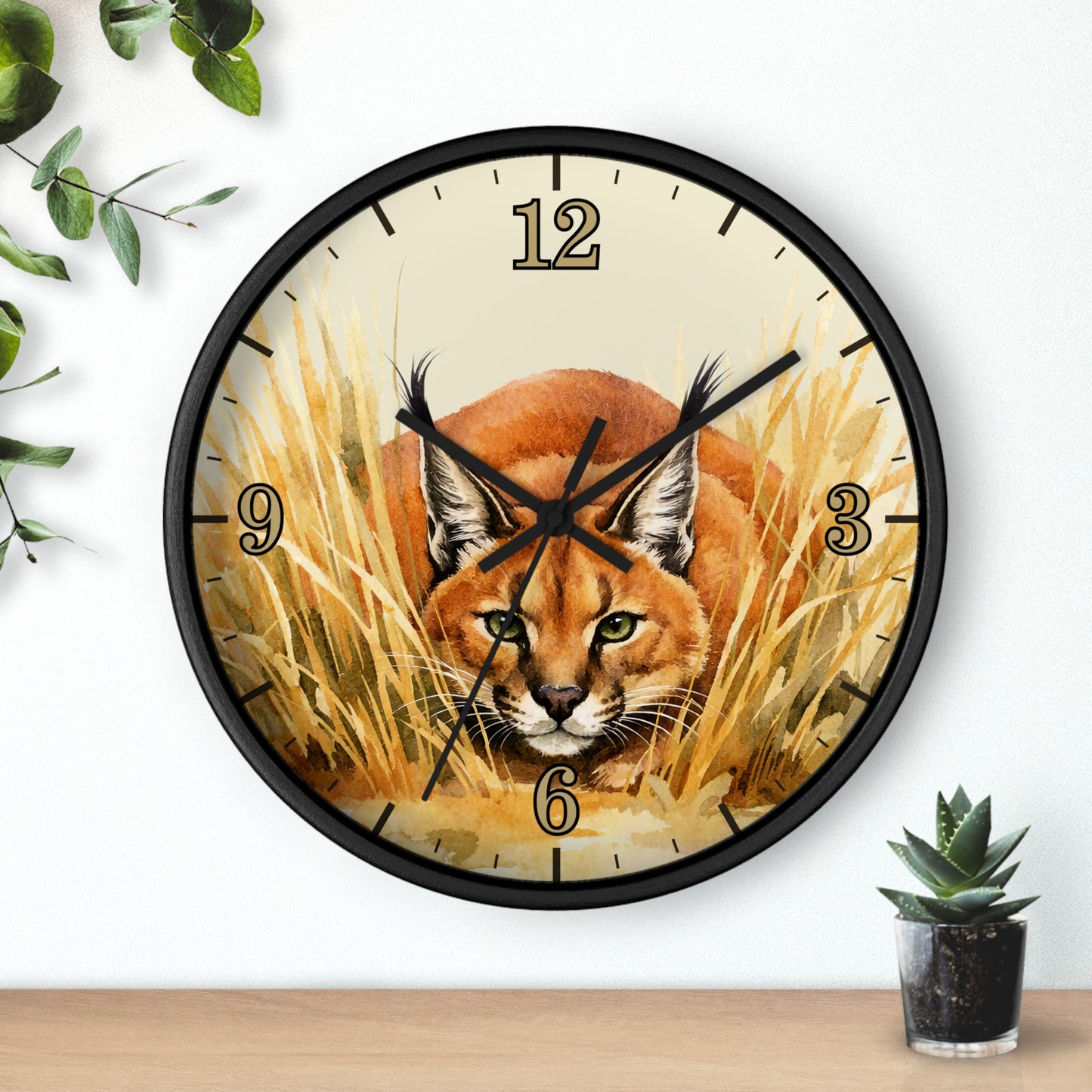 Caracal Cat Wall Clock — Wild Safari Animal Watercolor Art Decor