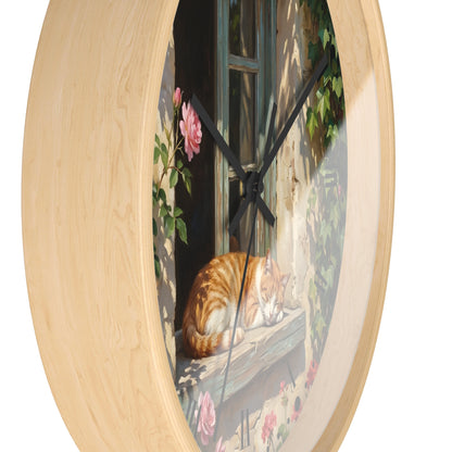 Orange & White Cat Napping Garden Wall Clock — Vintage Floral Window Scene