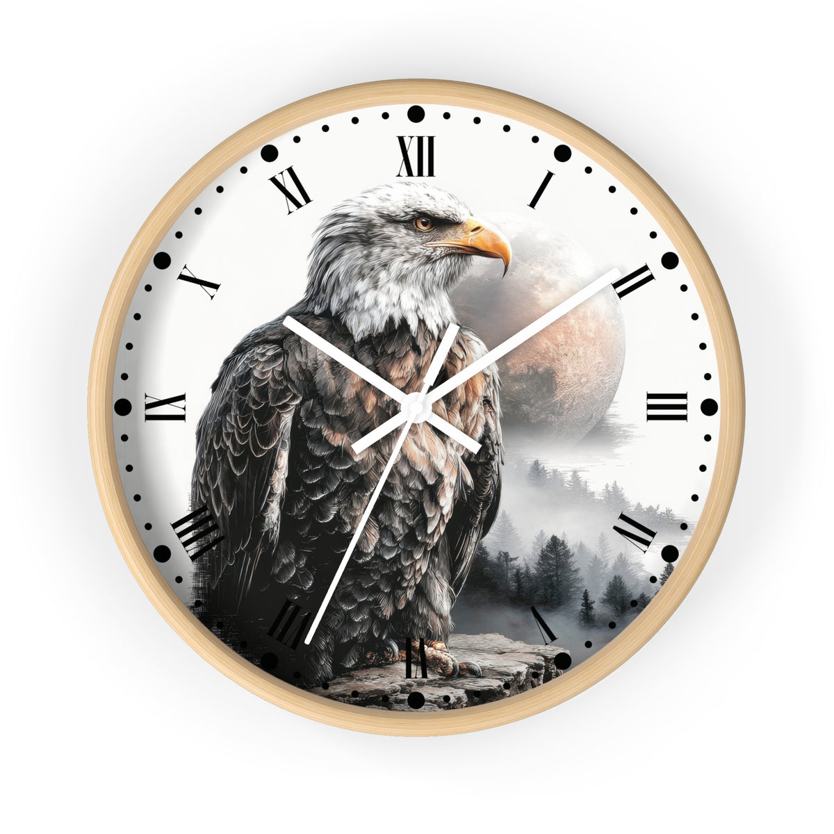 A round wall clock with a light wood frame and a printed dial featuring a large bald eagle over a misty forest and moon. The clock has black Roman numerals, black dot hour markers, and white hands, shown on a plain white background.