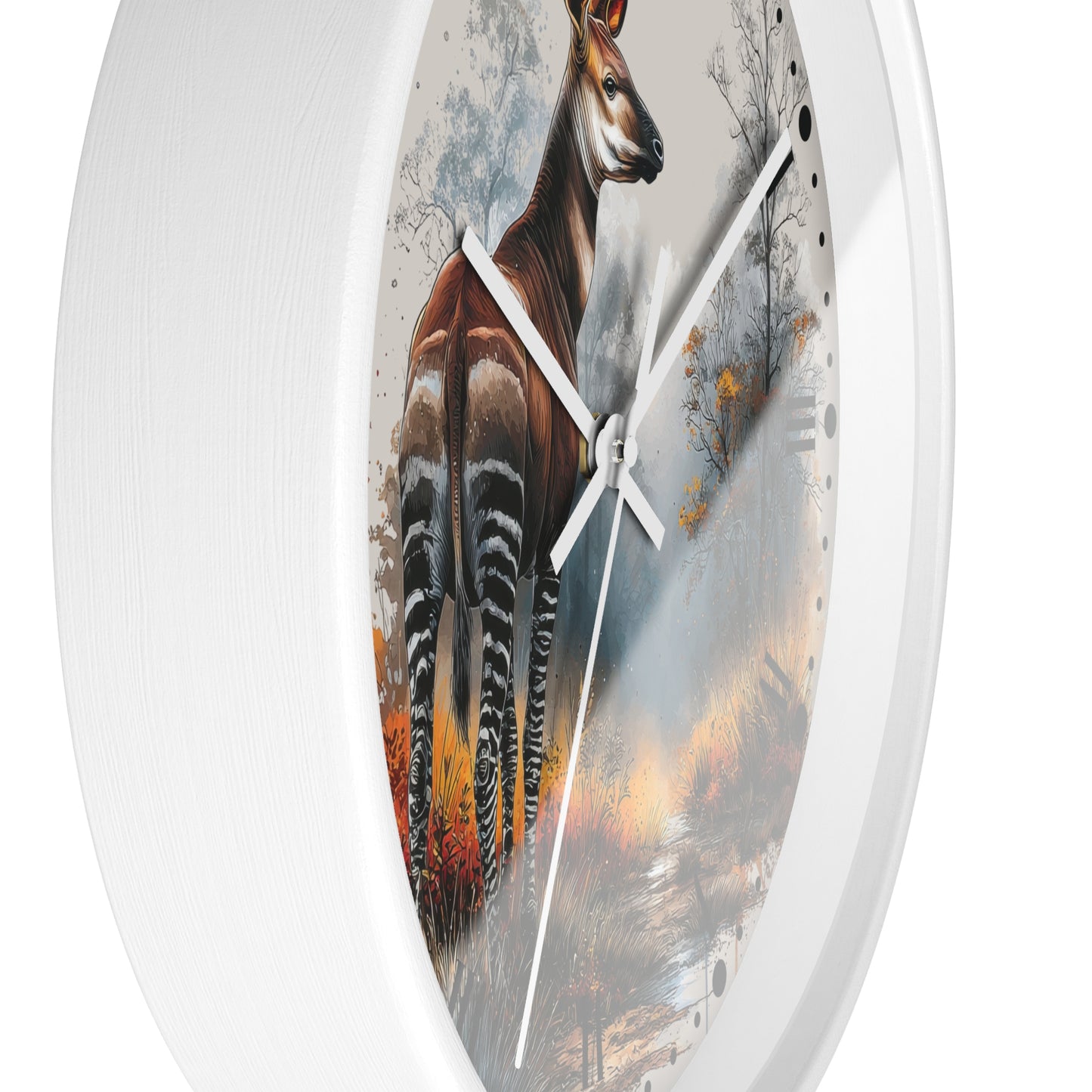 Round wall clock with a white frame and a printed zebra deer illustration on the face, shown against a plain white background.