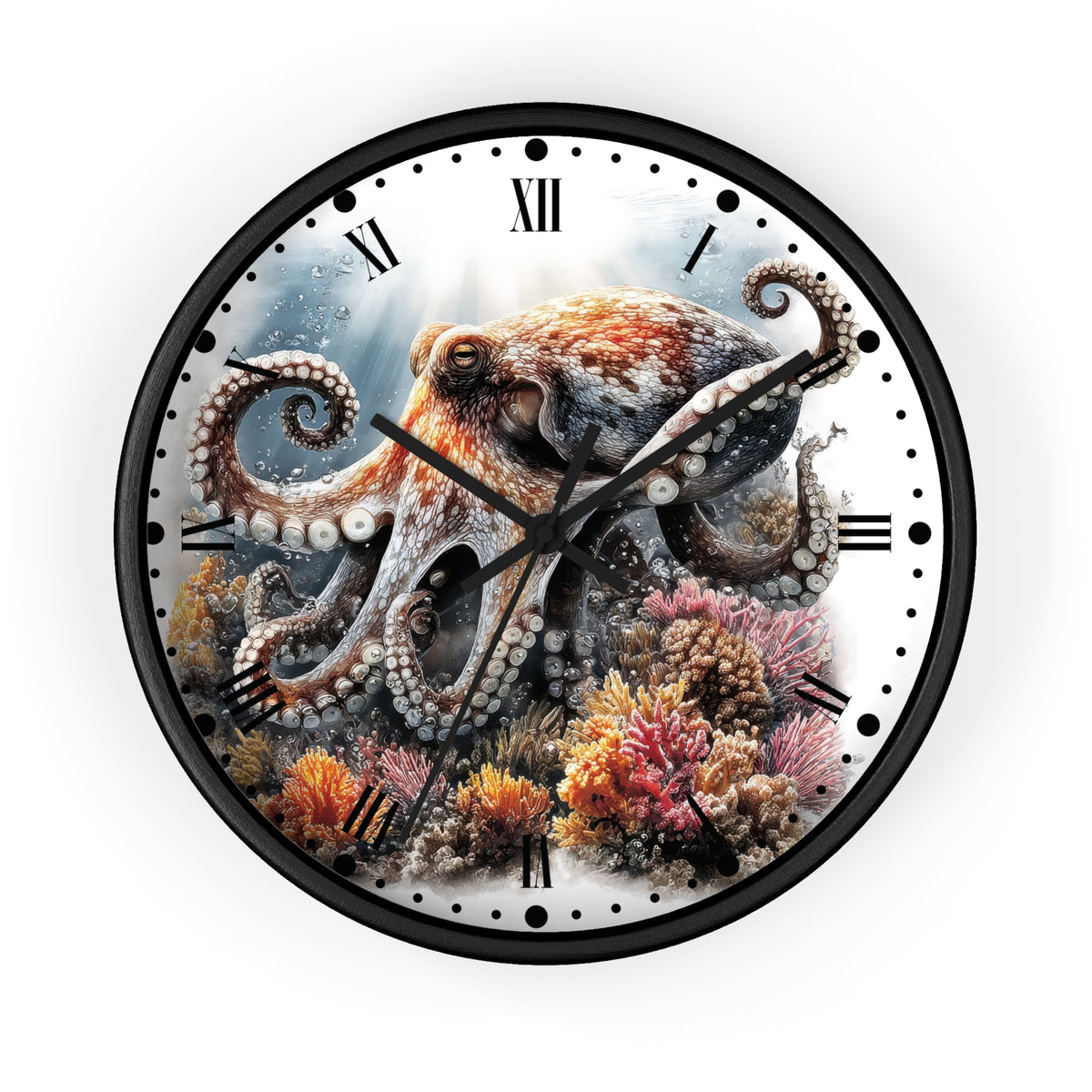 Round wall clock with a black frame and a printed ocean scene featuring a large octopus over coral, with black Roman numerals and black clock hands on a white background.