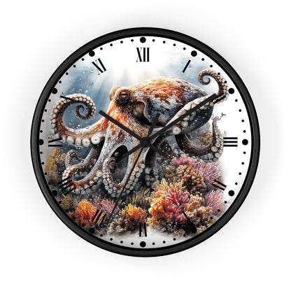 Round wall clock with a black frame and a printed ocean scene featuring a large octopus over coral, with black Roman numerals and black clock hands on a white background.