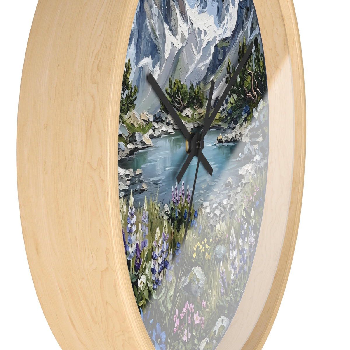 Oval wall clock with a light natural wood frame and a scenic mountain lake painting in the center, featuring black clock hands.