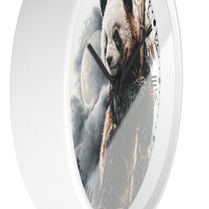 A round white wall clock featuring a printed panda illustration with black clock hands and sparse black hour markers, shown against a plain white background.