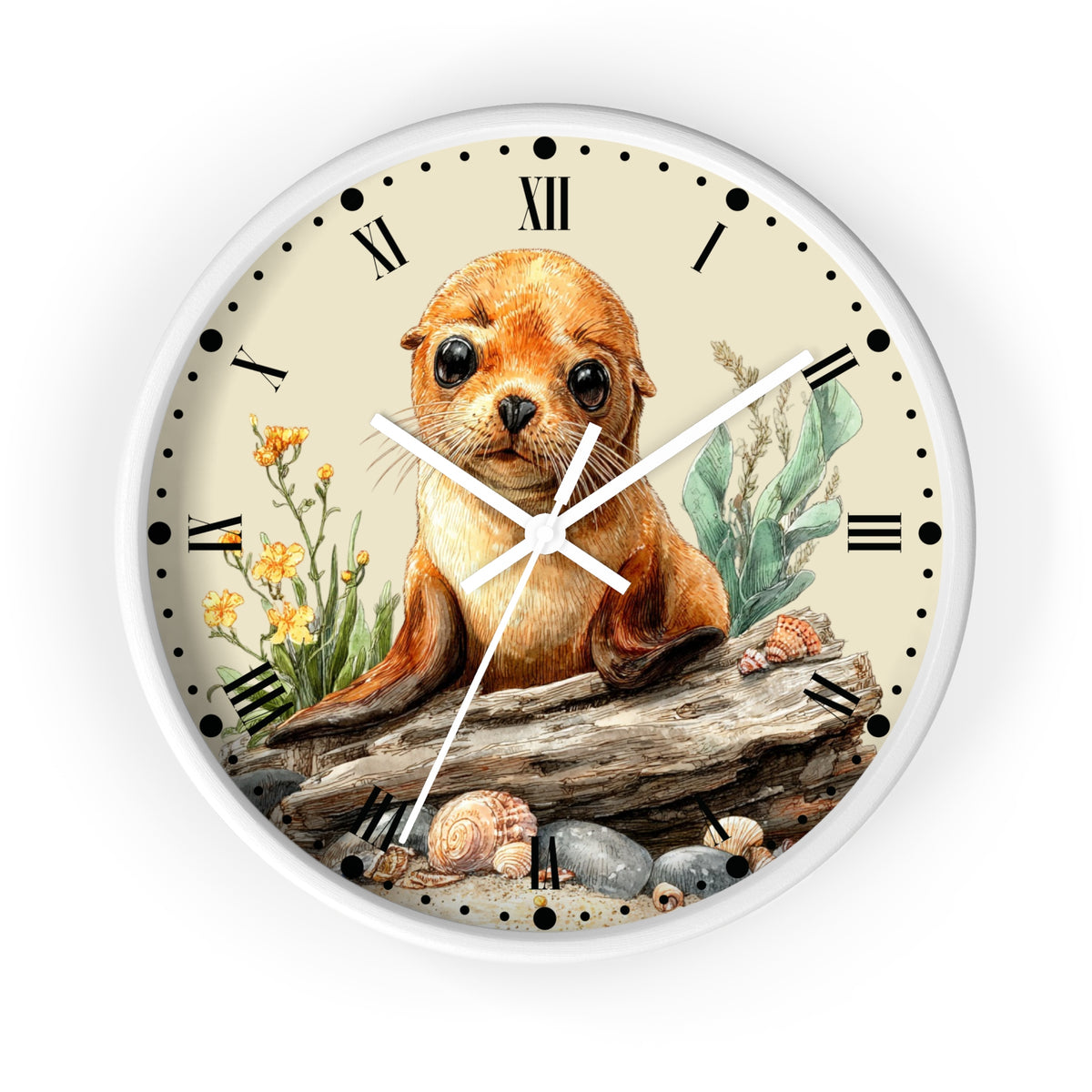 Round wall clock with a white frame and a whimsical illustration of a seal pup sitting on a log, surrounded by flowers, shells, and rocks. The clock face is cream-colored with black Roman numerals and white hands.