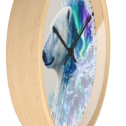 Polar Bear Aurora Wall Clock — Arctic Northern Lights Wildlife Decor